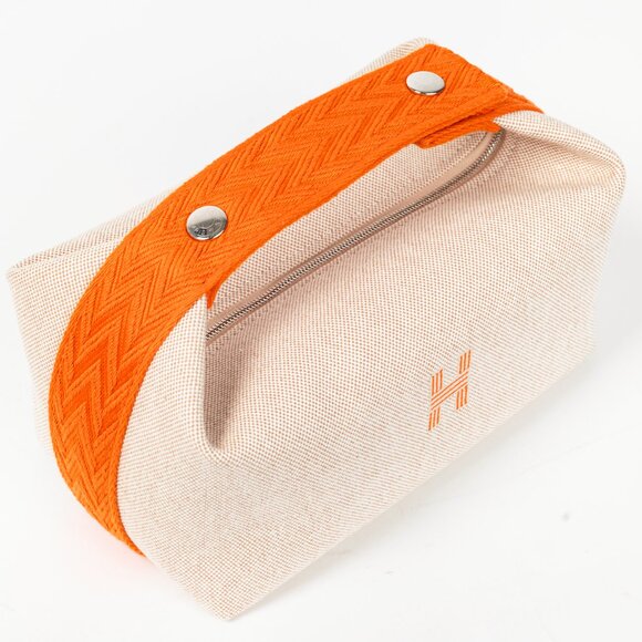 Hermes Bride-a-Brac Small Model Natural Canvas & Orange Chevron Strap Case - Picture 6 of 14